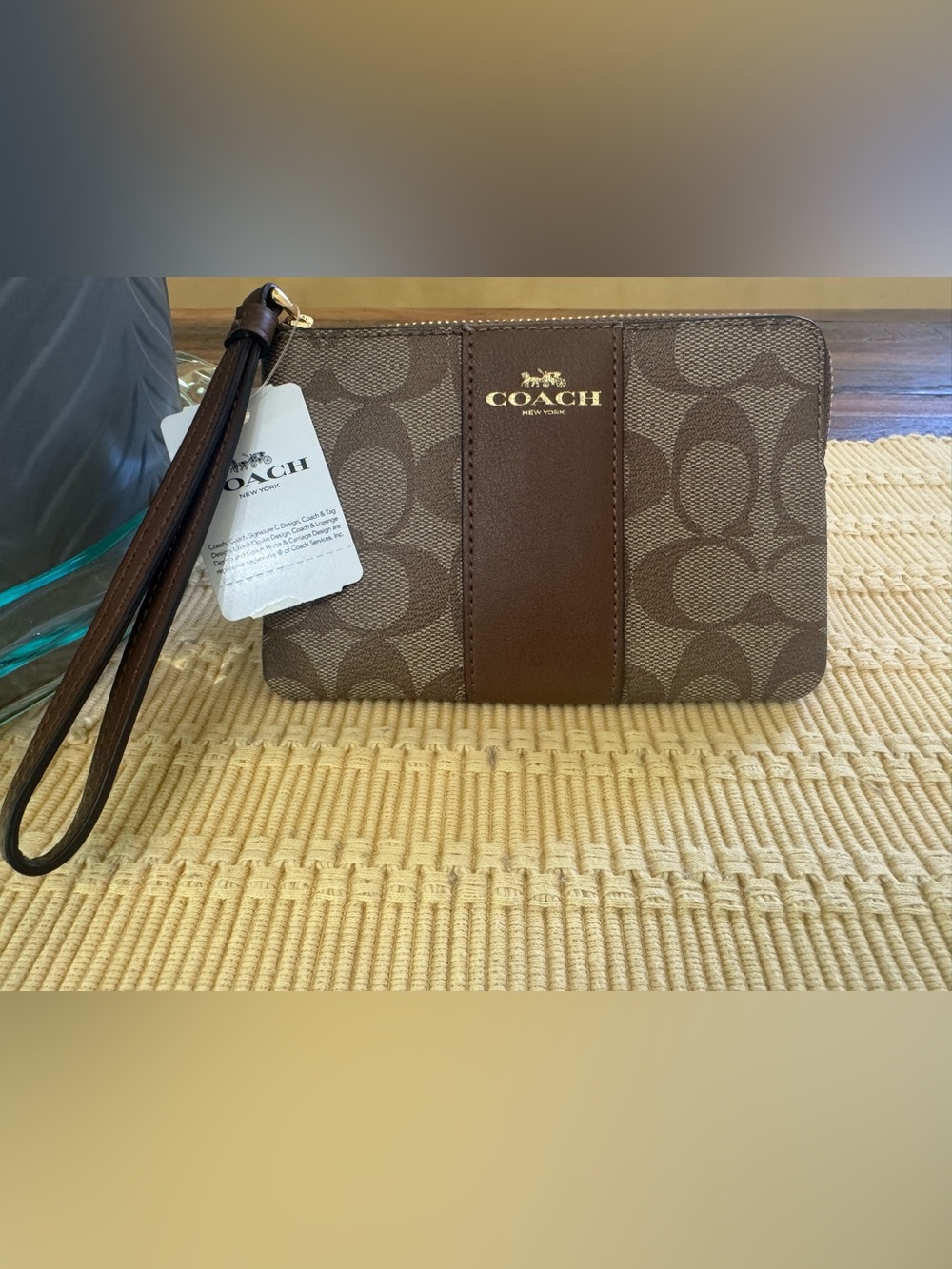 NWT Coach Taupe and Brown Signature Canvas Wristlet with Strap